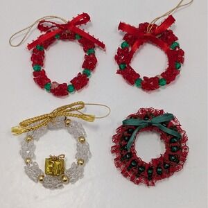 Set of 4 Beaded Christmas Wreath Ornaments Red White Gold Green Holiday Decor